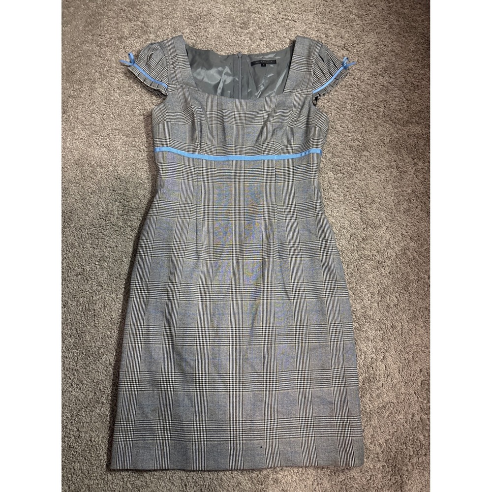 David Meister Grey Glen Plaid Sheath Dress Blue Ribbon Trim Cap Sleeve Size 6